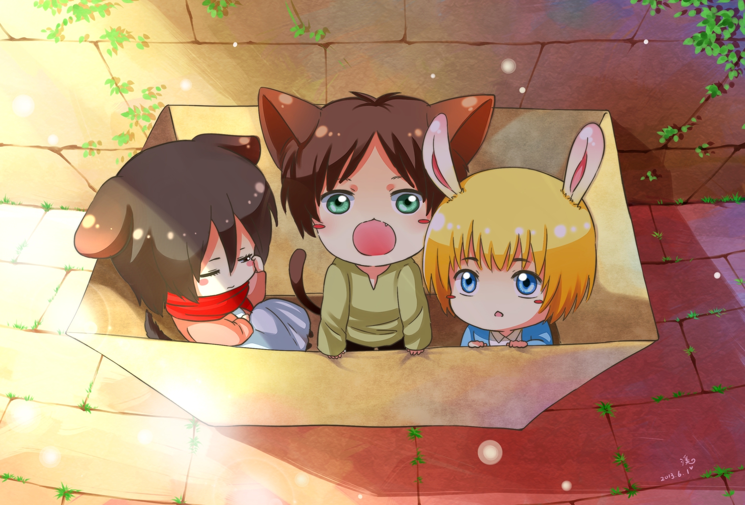 animal_ears, armin_arlert, bunny_ears, eren_jaeger, mikasa_ackerman, moxue_qianxi, shingeki_no_kyojin, tail