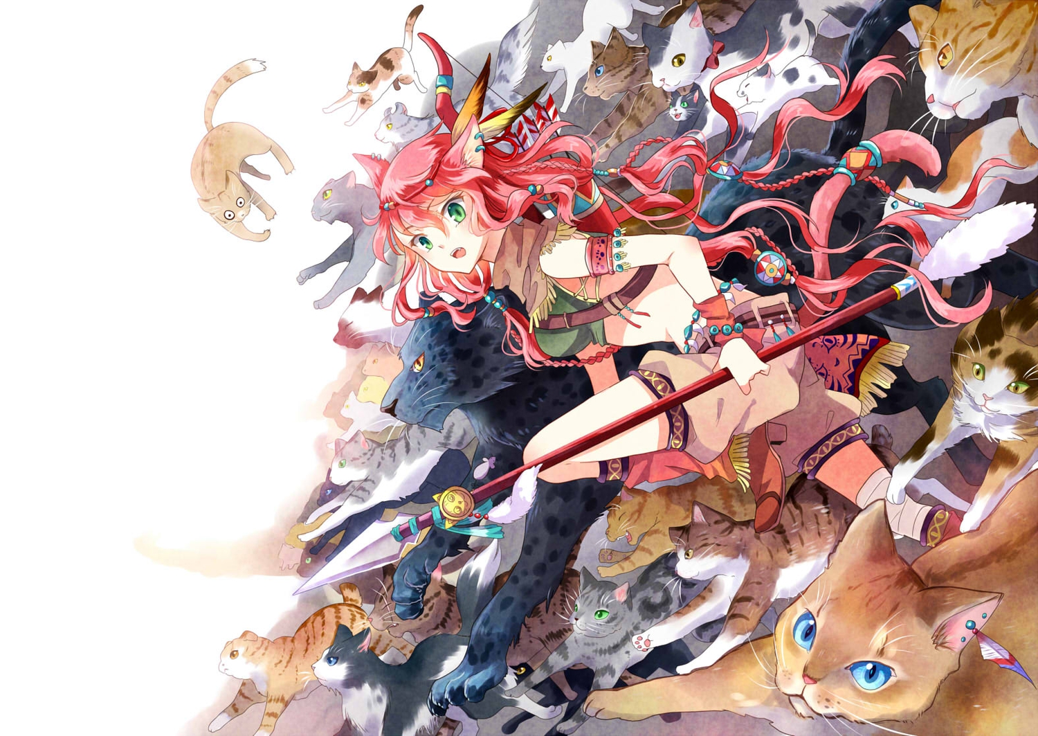 animal, animal_ears, boots, cat, catgirl, green_eyes, jpeg_artifacts, nekozuki_yuki, original, pink_hair, shorts, spear, tail, weapon