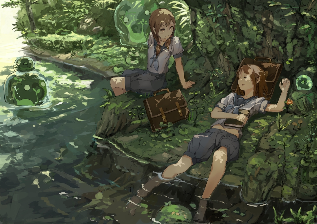 forest, kureta_(nikogori), original, school_uniform, sleeping, tree, water, wet