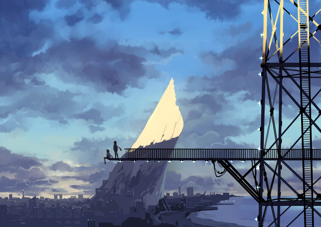 city, clouds, kyouichi, original, scarf, scenic, sky