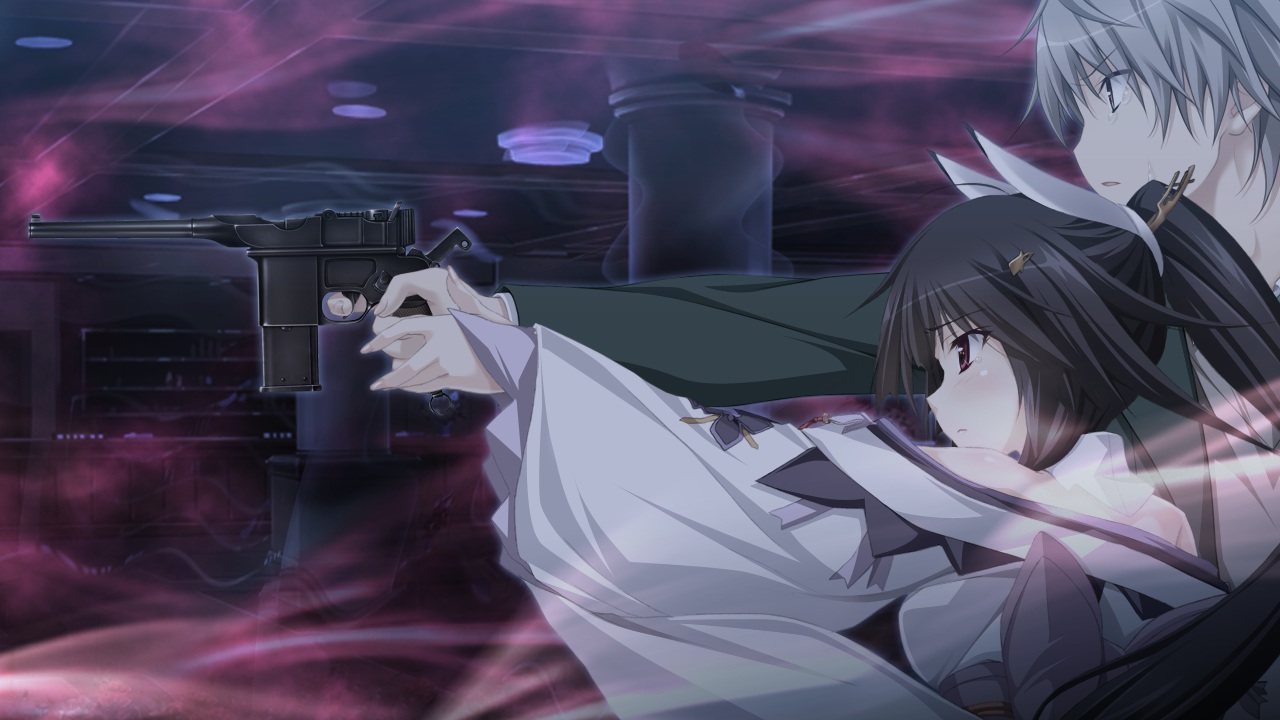 game_cg, gun, hapymaher, hasuno_saki, male, naitou_tooru, purple_software, tears