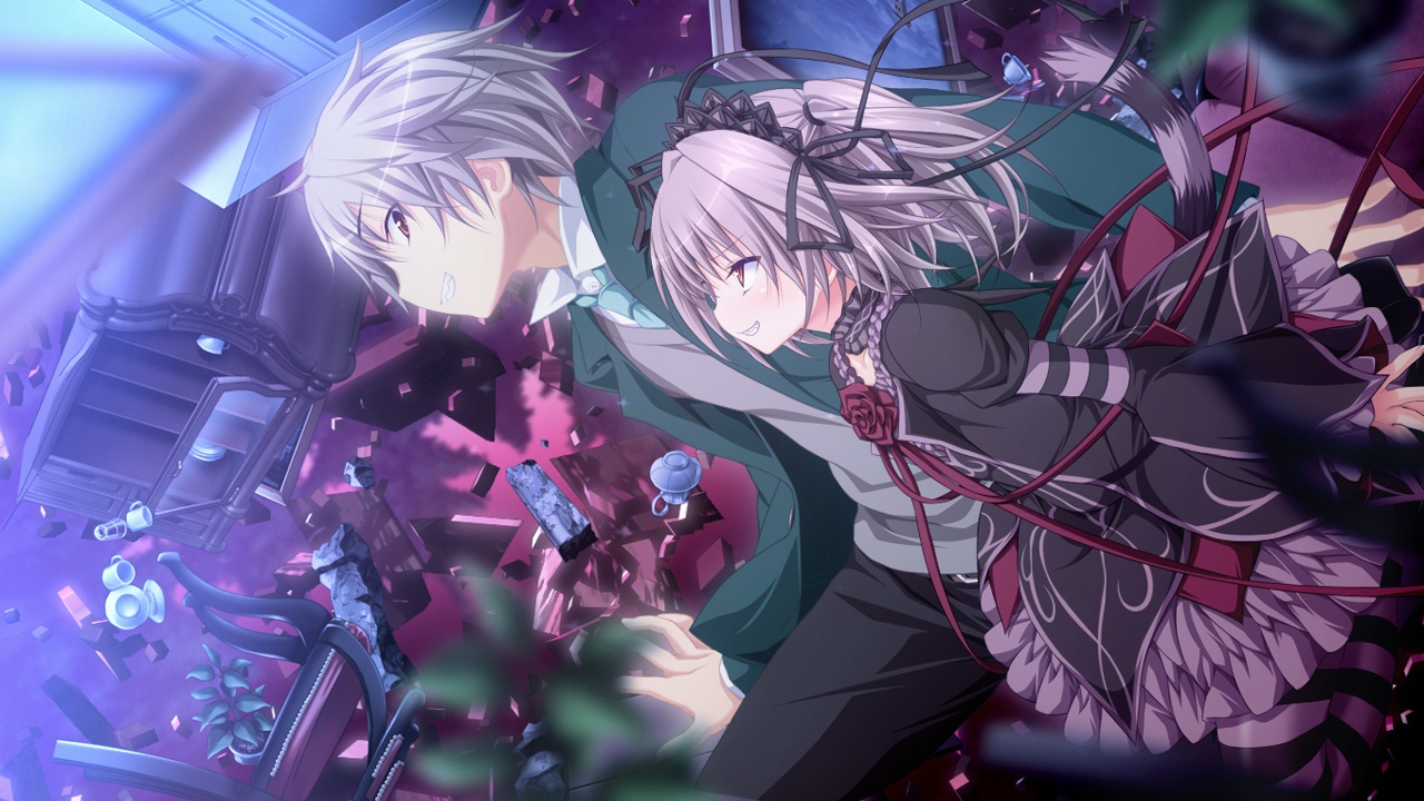 dress, game_cg, gray_hair, hapymaher, headdress, koku, male, naitou_maia, naitou_tooru, purple_software, ribbons, tail