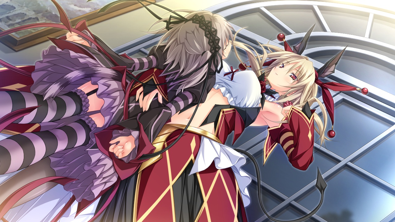 2girls, dress, game_cg, hapymaher, koku, naitou_maia, navel, purple_software