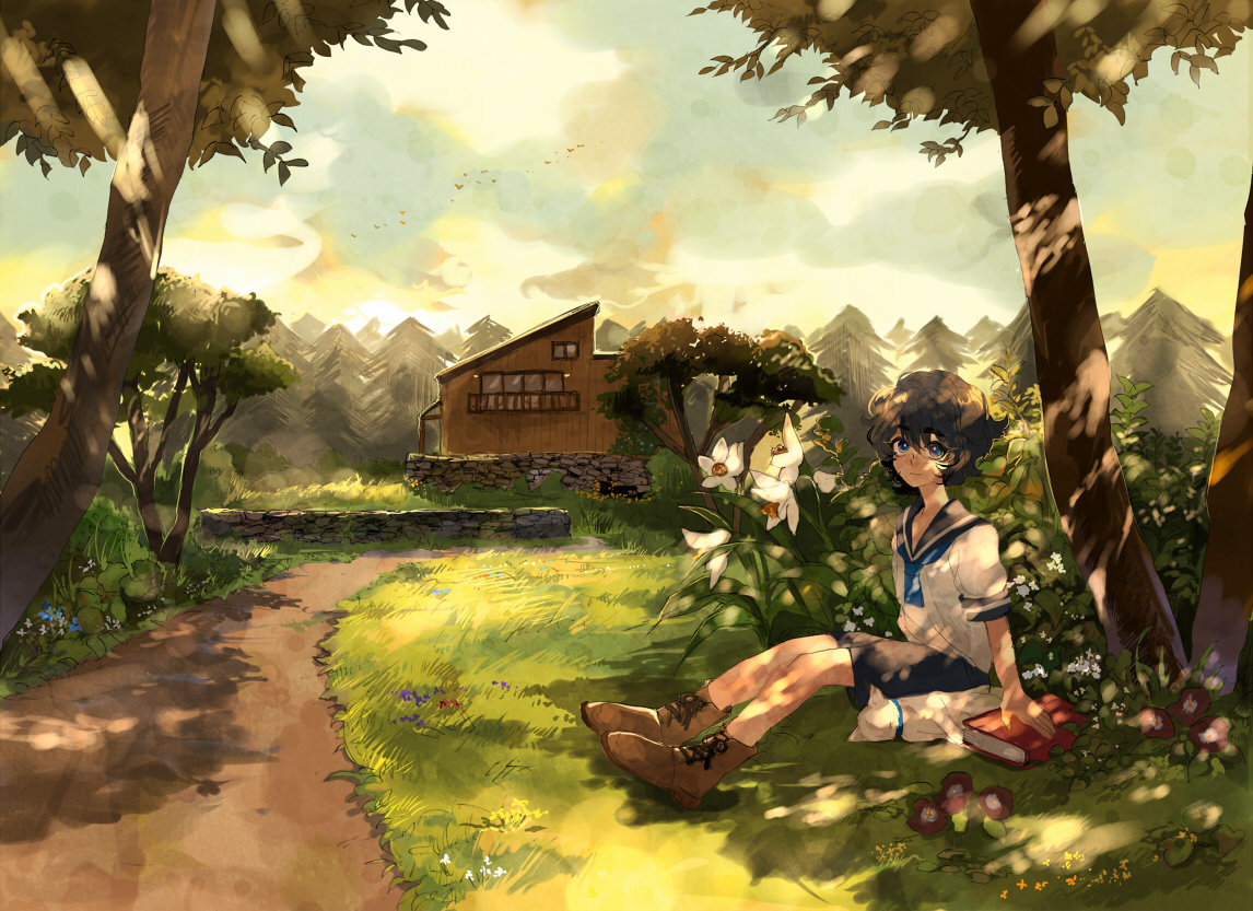 all_male, animal, bird, black_hair, blue_eyes, book, boots, building