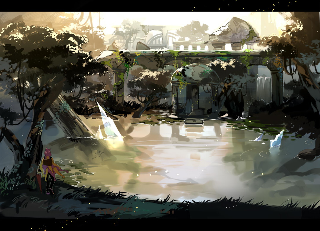 grass, kyouichi, original, pixiv_fantasia, ruins, scenic, sky, tree