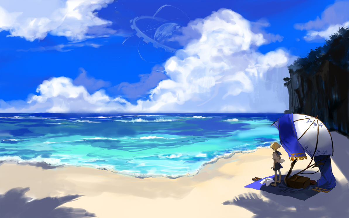 barefoot, beach, blonde_hair, clouds, kyouichi, original, school_uniform, sky