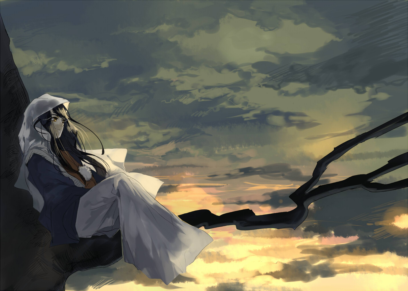 clouds, kyouichi, long_hair, original, skirt, sky, sunset, tree