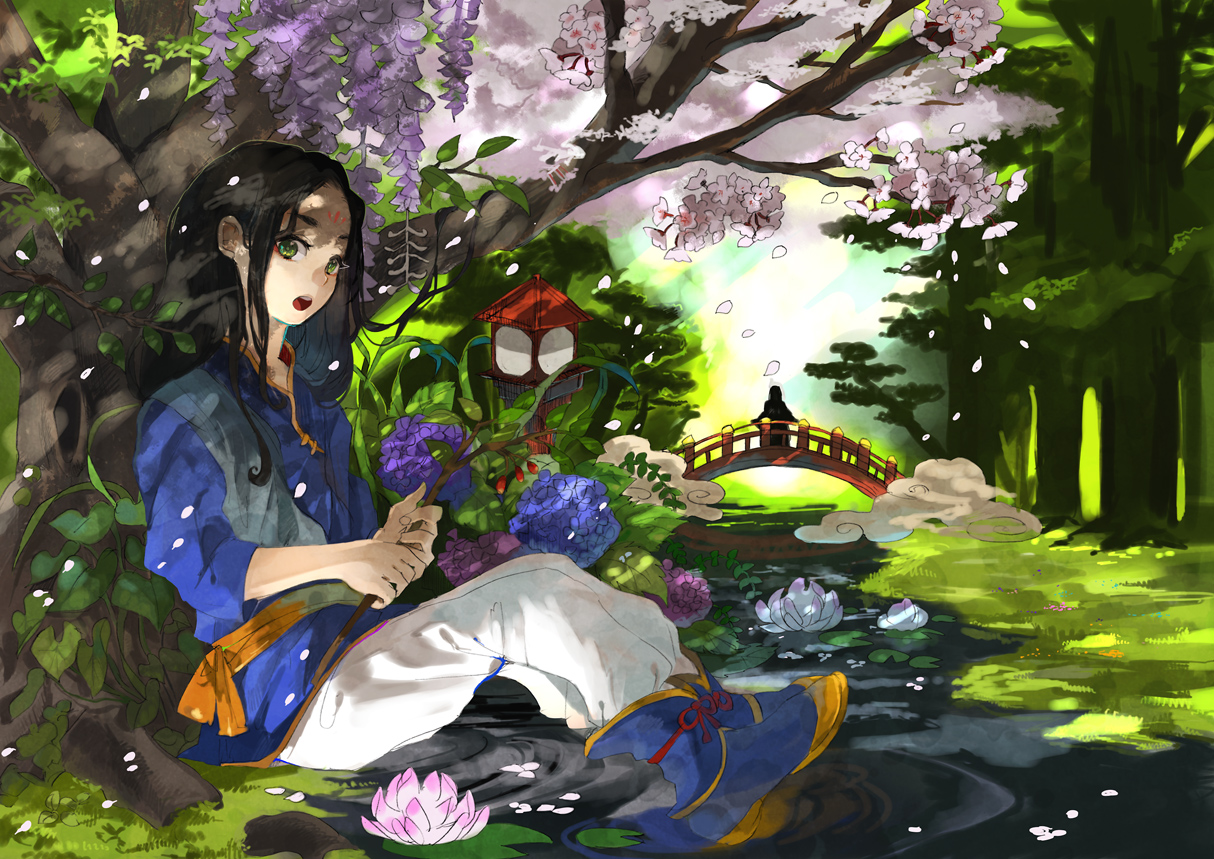 all_male, black_hair, cherry_blossoms, flowers, forest, grass, green_eyes, kyouichi