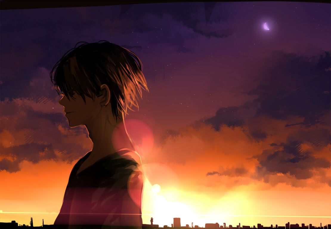 all_male, brown_hair, city, clouds, kyouichi, male, original, sky