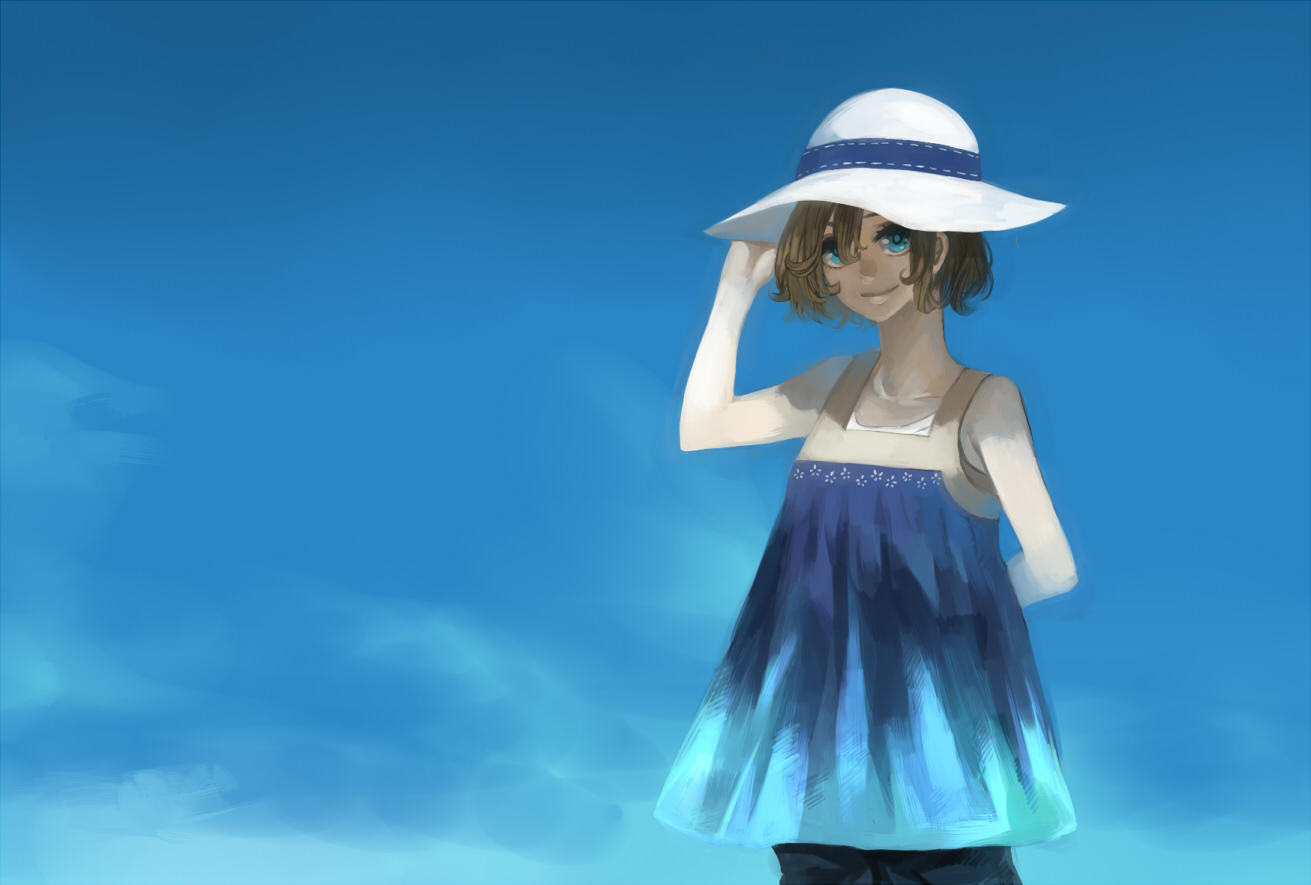 blue, blue_eyes, brown_hair, hat, kyouichi, original, short_hair, sky