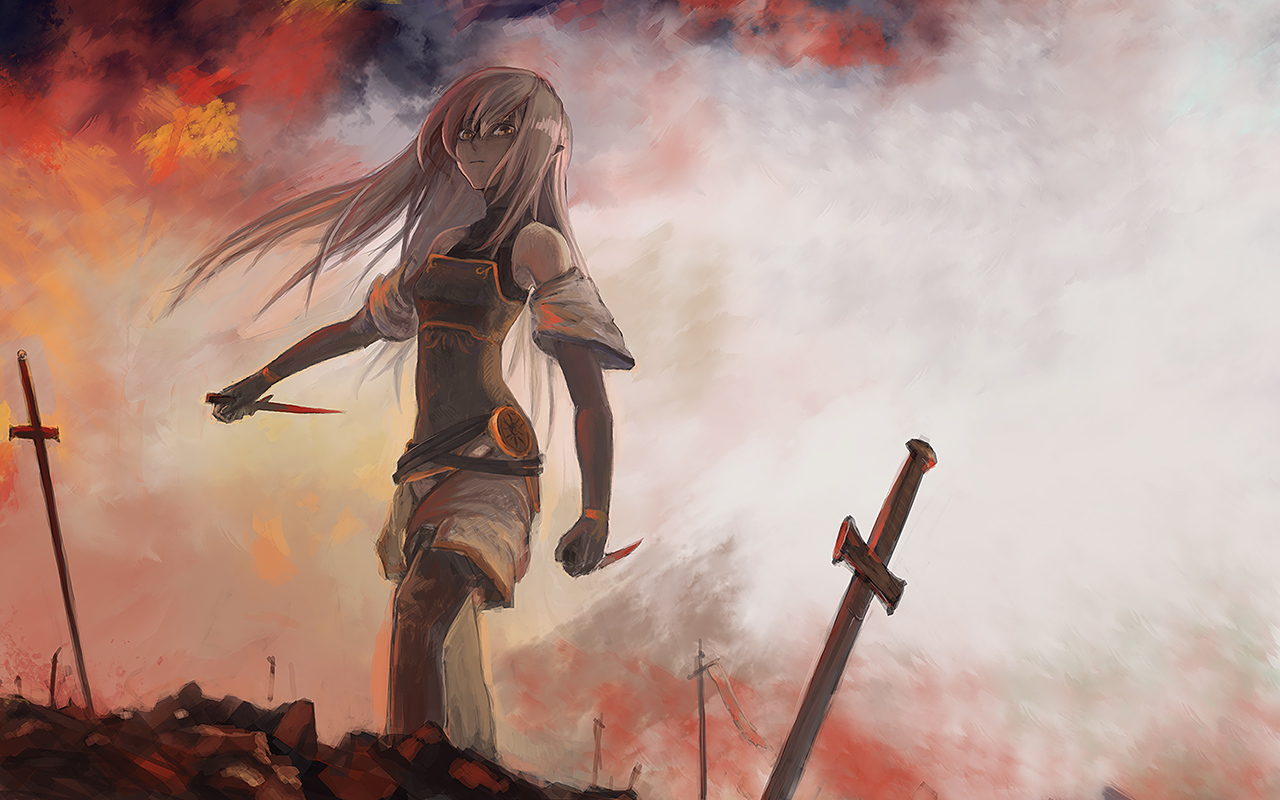 armor, cross, long_hair, mono2501, original, pointed_ears, weapon, white_hair, yellow_eyes
