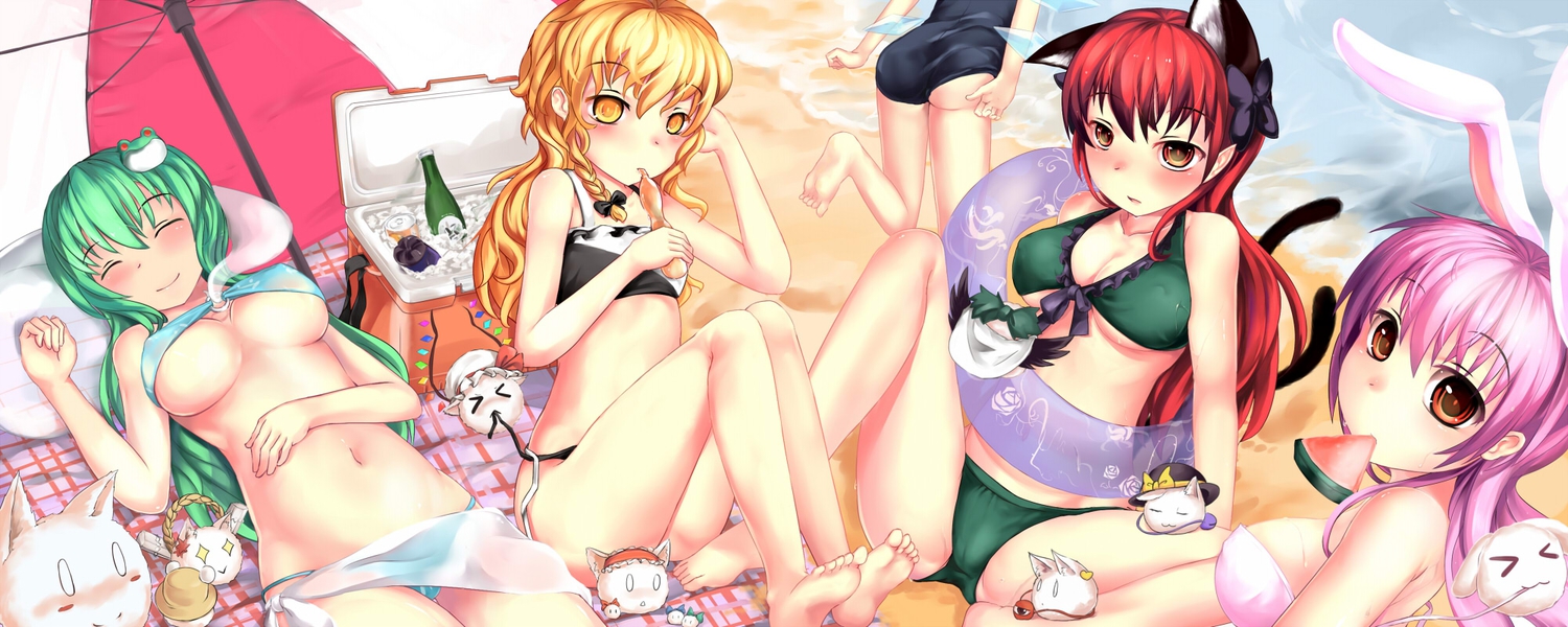 alice_margatroid, animal_ears, beach, bikini, breasts, bunny_ears, bunnygirl, catgirl, cirno, cleavage, fairy, flandre_scarlet, group, kaenbyou_rin, kirisame_marisa, kochiya_sanae, komeiji_koishi, komeiji_satori, lu_hao_liang, moriya_suwako, multiple_tails, myon, pointed_ears, reisen_udongein_inaba, reiuji_utsuho, shanghai_doll, sleeping, swim_ring, swimsuit, tail, touhou, underboob, yasaka_kanako