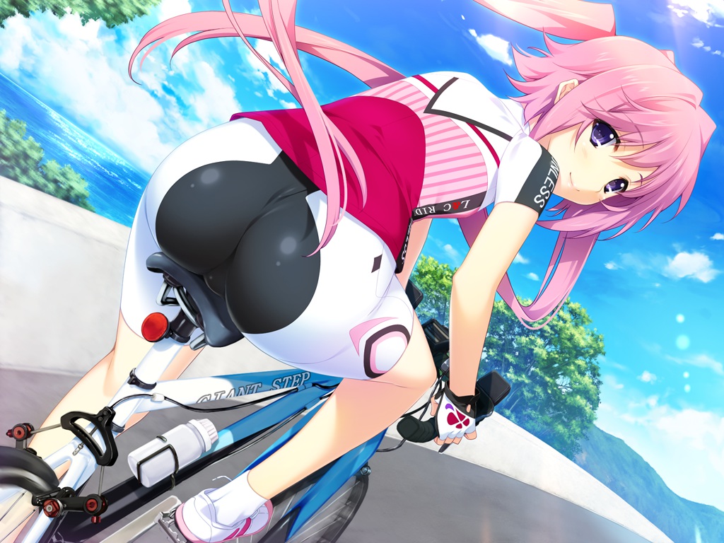 ass, bicycle, bike_shorts, clouds, game_cg, iizuki_tasuku, long_hair, lovely_x_cation, lovely_x_cation_2, nirasaki_hinata, pink_hair, purple_eyes, shorts, sky, twintails, water