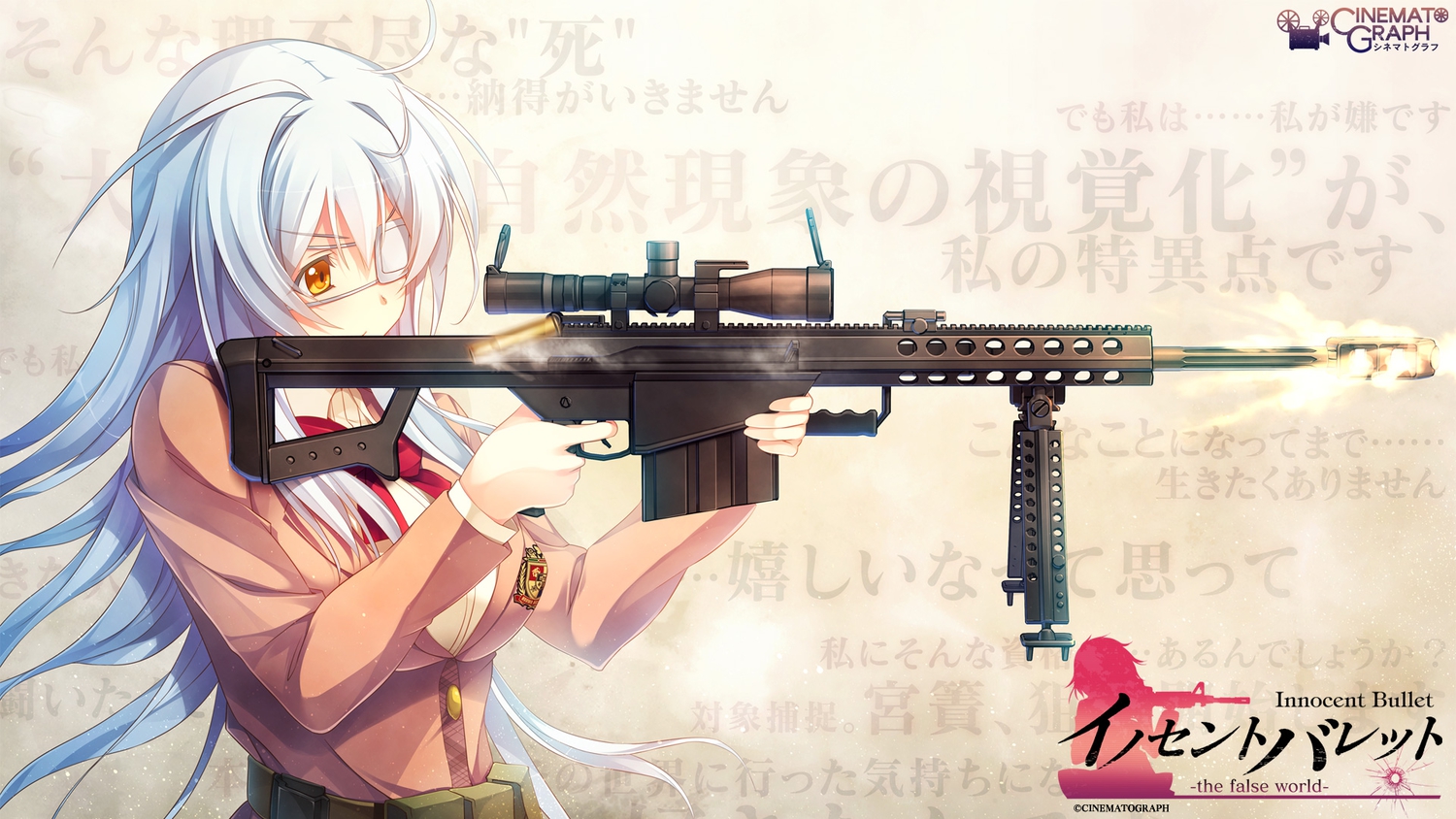 blue_hair, cinematograph, eyepatch, gun, innocent_bullet, logo, long_hair, miyasu_sanae, orange_eyes, school_uniform, tagme, weapon
