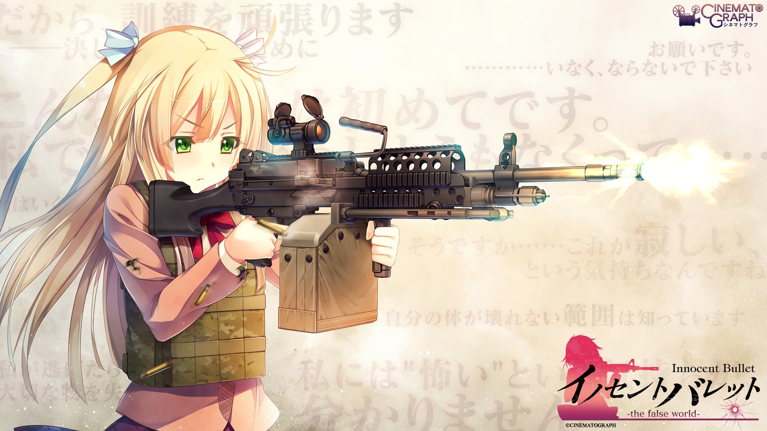 blonde_hair, cinematograph, green_eyes, gun, innocent_bullet, long_hair, tagme, weapon