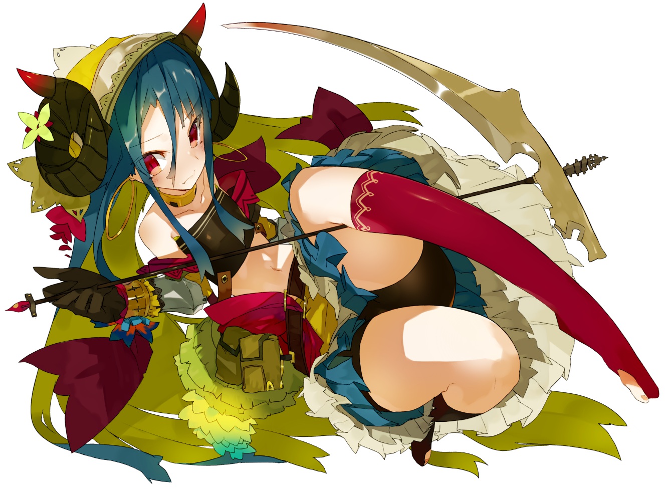 blue_hair, gloves, horns, karei_(hirameme), kneehighs, original, red_eyes, scythe