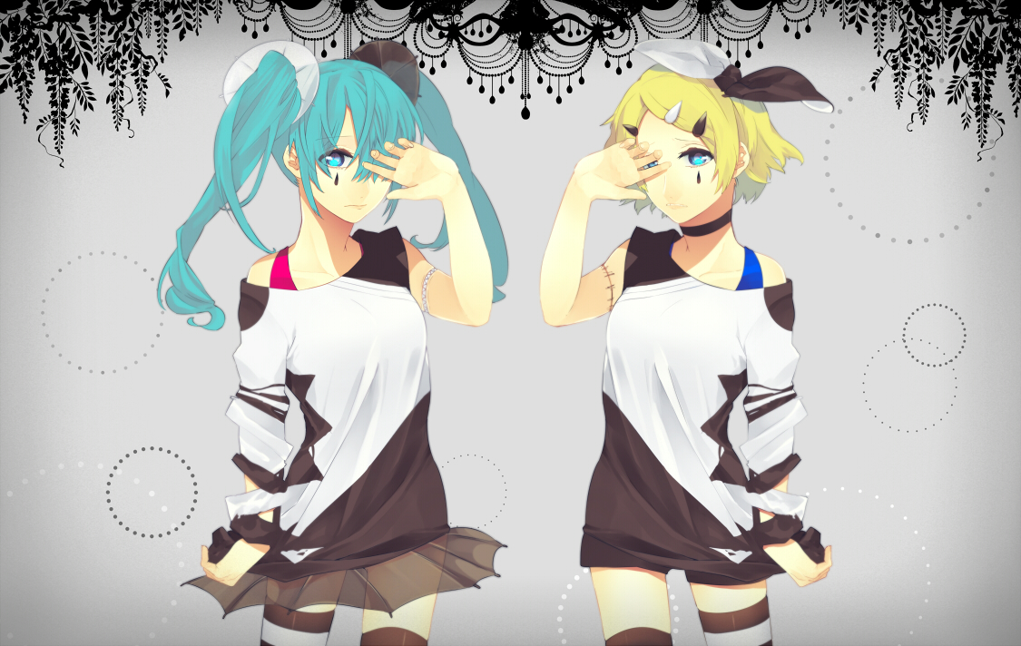 gray, hatsune_miku, kagamine_rin, kyama, vocaloid