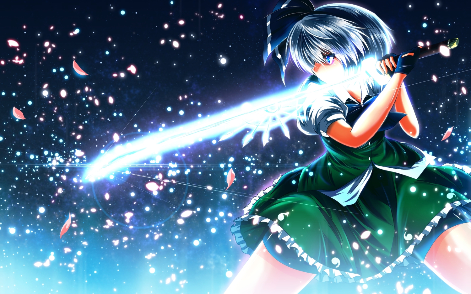 blue_eyes, bow, gloves, gray_hair, konpaku_youmu, nekominase, petals, skirt