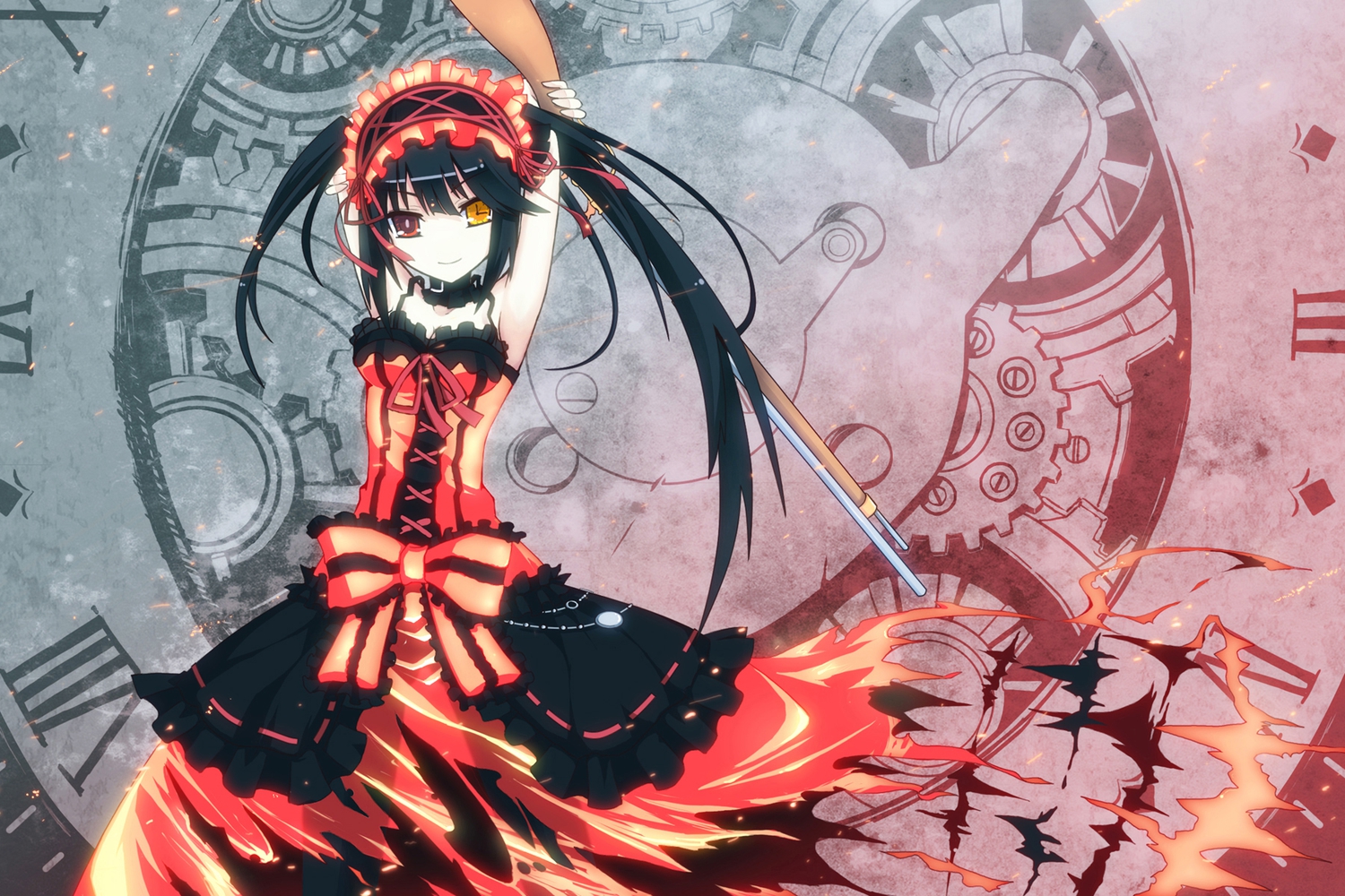 bicolored_eyes, black_hair, choker, date_a_live, dress, gun, headdress, tokisaki_kurumi, torn_clothes, twintails, uiu, weapon
