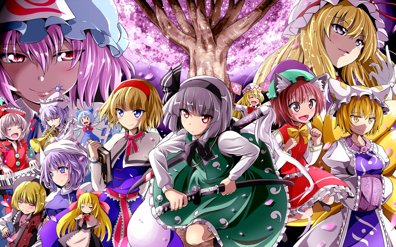 alice_margatroid, animal_ears, catgirl, chen, cirno, doll, dress, fairy, foxgirl, group, instrument, kayama_kenji, konpaku_youmu, letty_whiterock, lily_white, lunasa_prismriver, lyrica_prismriver, merlin_prismriver, myon, petals, saigyouji_yuyuko, shanghai_doll, sword, touhou, weapon, yakumo_ran, yakumo_yukari