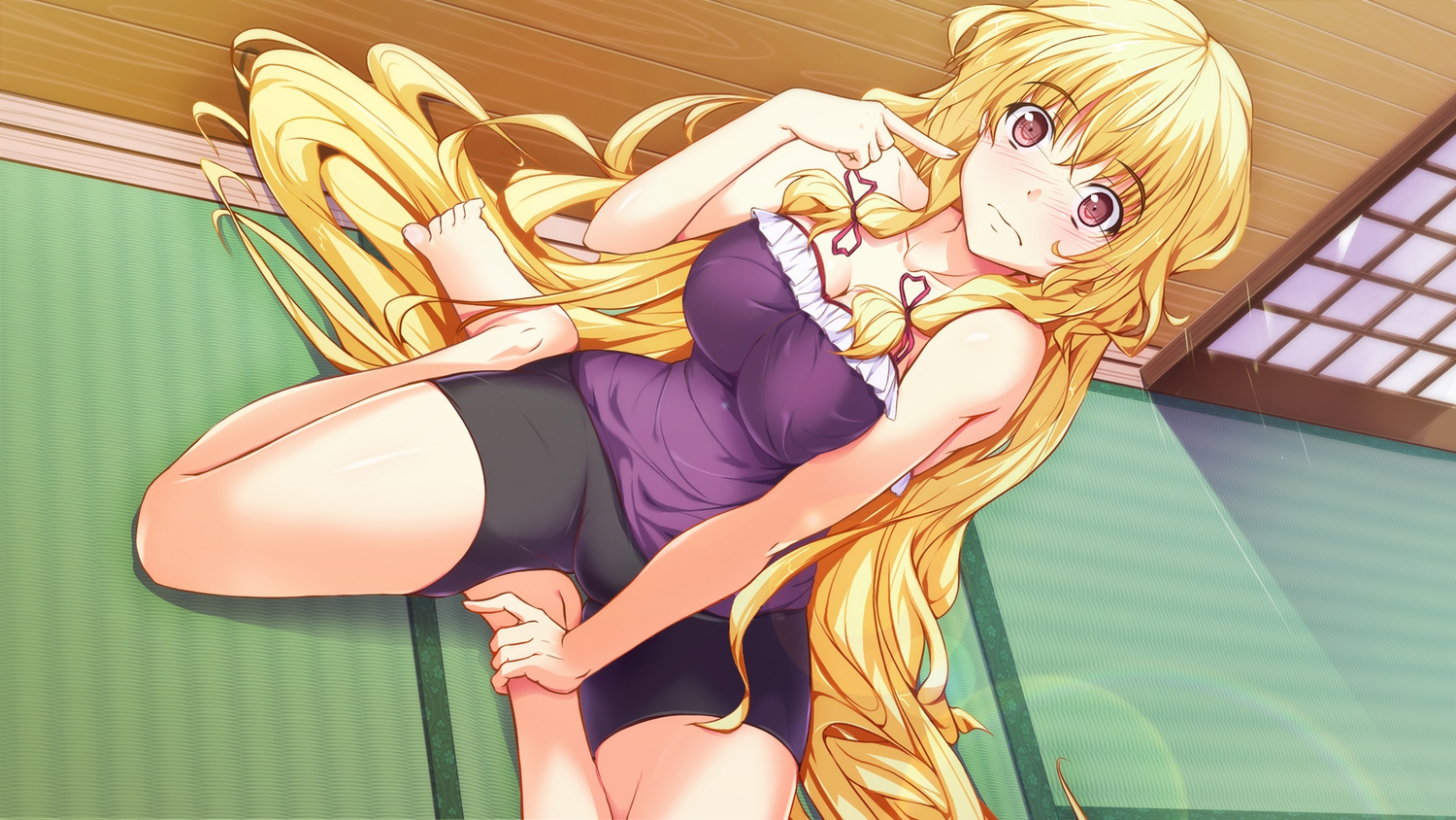 barefoot, bike_shorts, blonde_hair, blush, bow, breasts, brown_eyes, cleavage, long_hair, nanase_nanami, red_eyes, shorts, touhou, yakumo_yukari