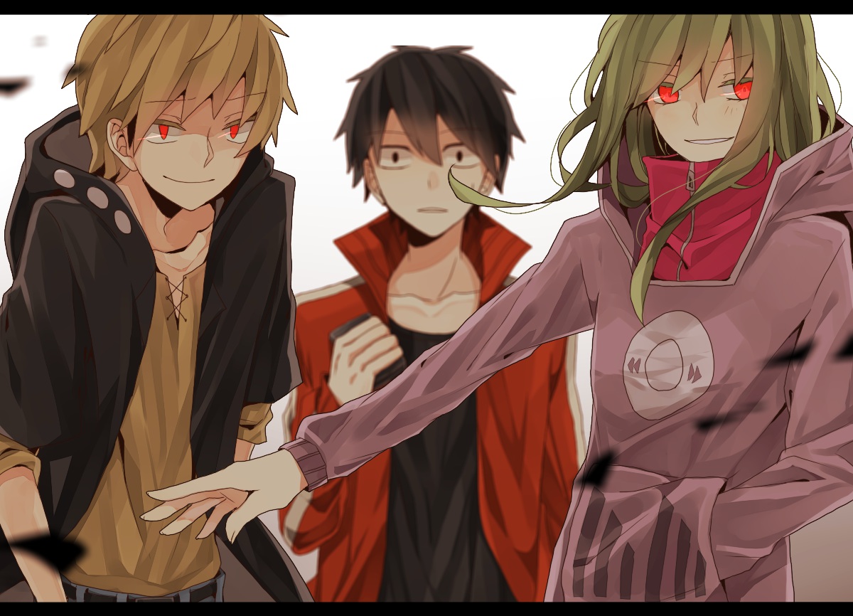 black_eyes, black_hair, blonde_hair, green_hair, junjam, kagerou_project, kano_shuuya, kido_tsubomi
