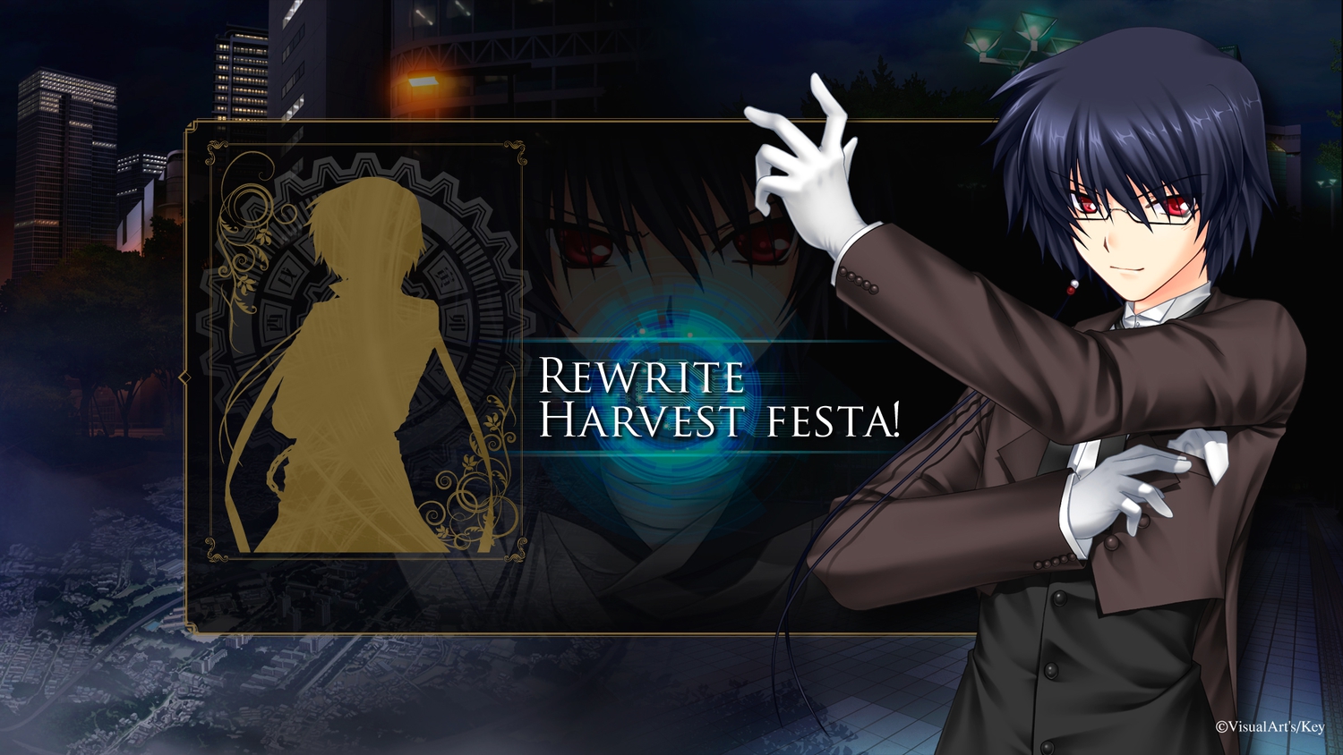 all_male, black_hair, glasses, gloves, key, male, ohtori_sakuya, red_eyes, rewrite, short_hair, visualart