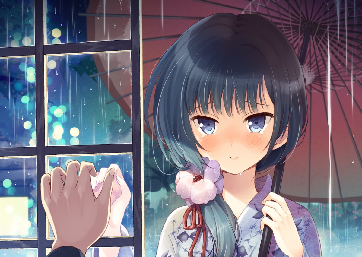 black_hair, blue_eyes, flowers, japanese_clothes, komi_zumiko, long_hair, original, rain, umbrella, water, wet