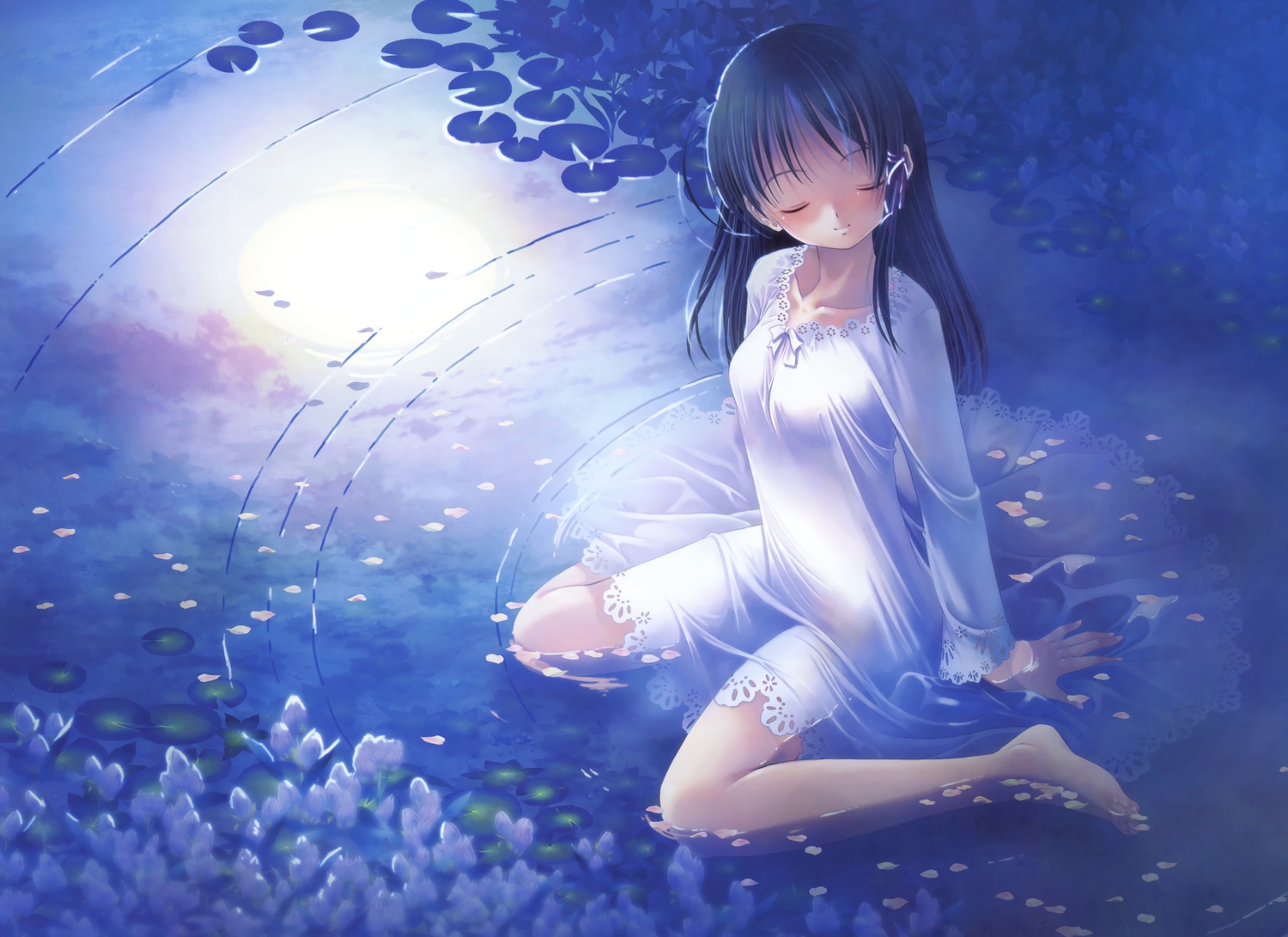barefoot, dress, fortune_arterial, iuro, kuze_kiriha, petals, water