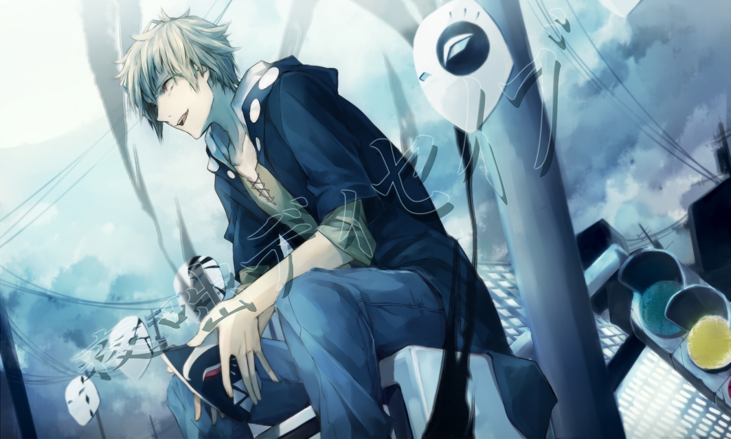 all_male, blonde_hair, kagerou_project, kano_shuuya, male, mask, nameco3, red_eyes, short_hair, yohanashi_diseibu_(vocaloid)