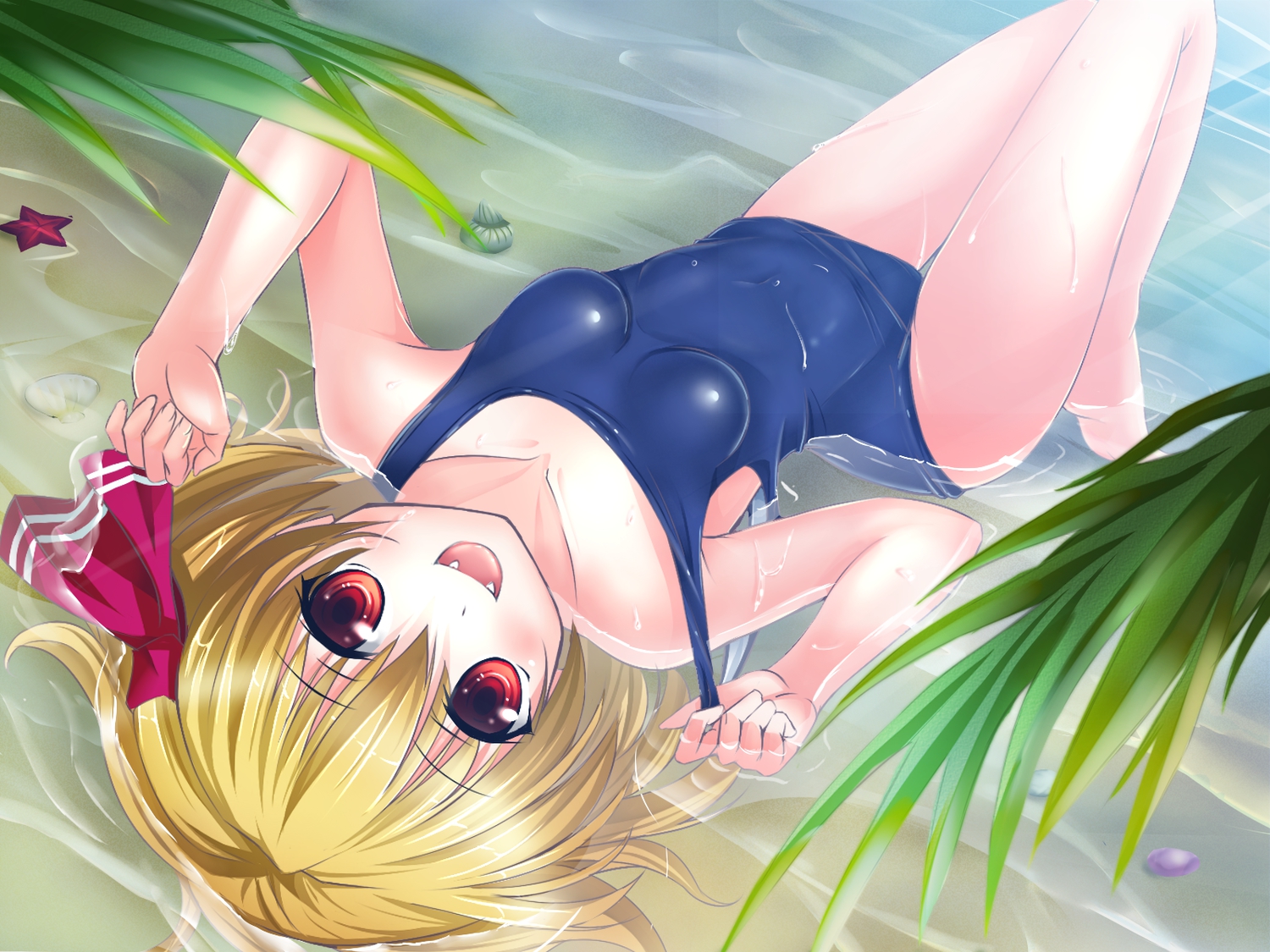 blonde_hair, bug_(artist), fang, red_eyes, rumia, short_hair, swimsuit, touhou