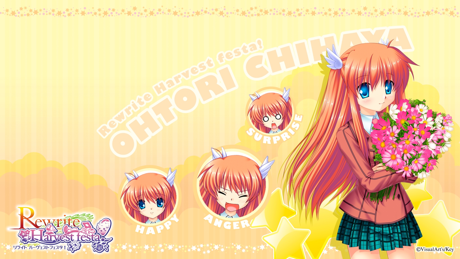 blue_eyes, flowers, key, long_hair, ohtori_chihaya, red_hair, rewrite, stars