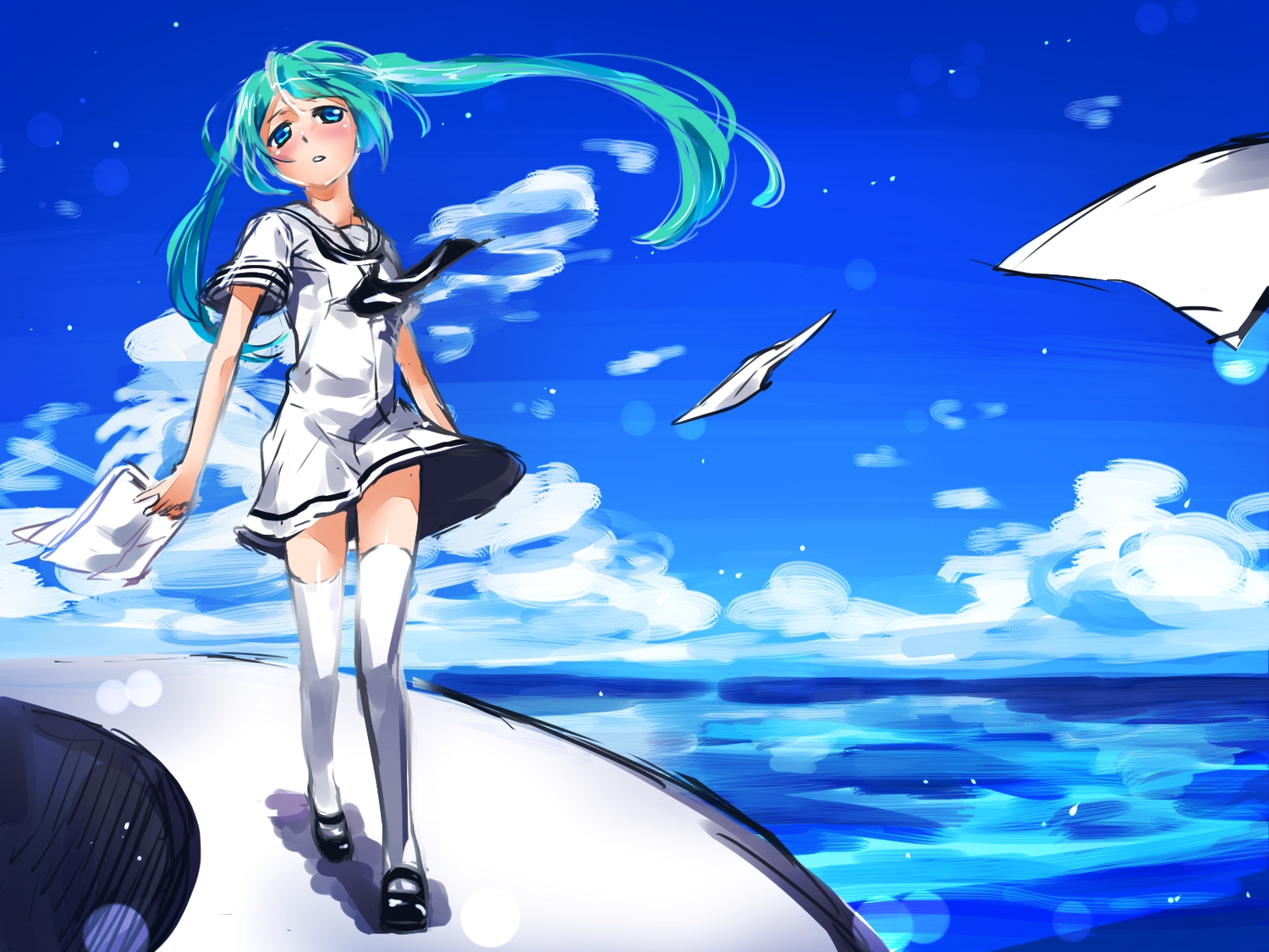 aqua_hair, hatsune_miku, paper, thighhighs, twintails, vocaloid, water, yuunagi_show