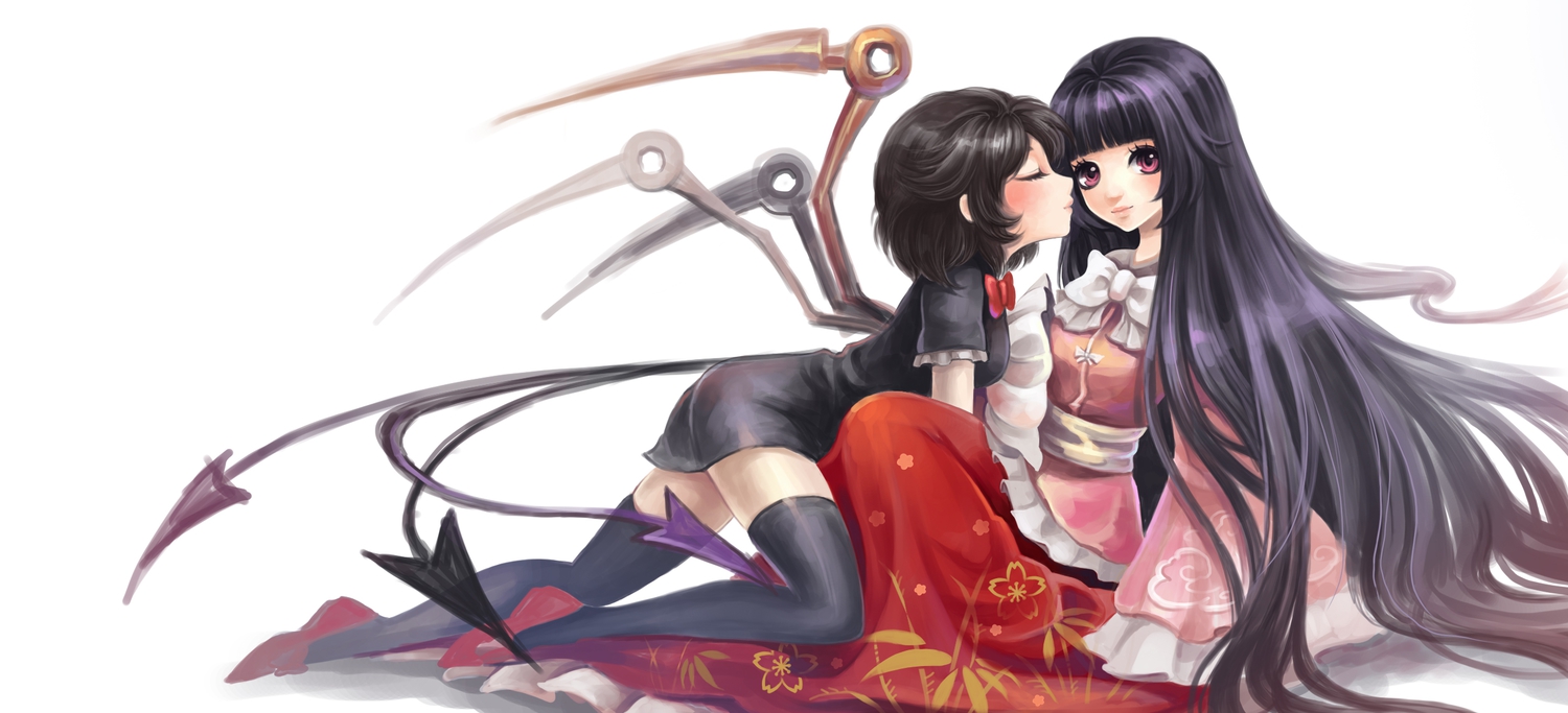 2girls, black_hair, houjuu_nue, houraisan_kaguya, kiss, long_hair, shishi_(x67937183), short_hair, shoujo_ai, tail, thighhighs, touhou