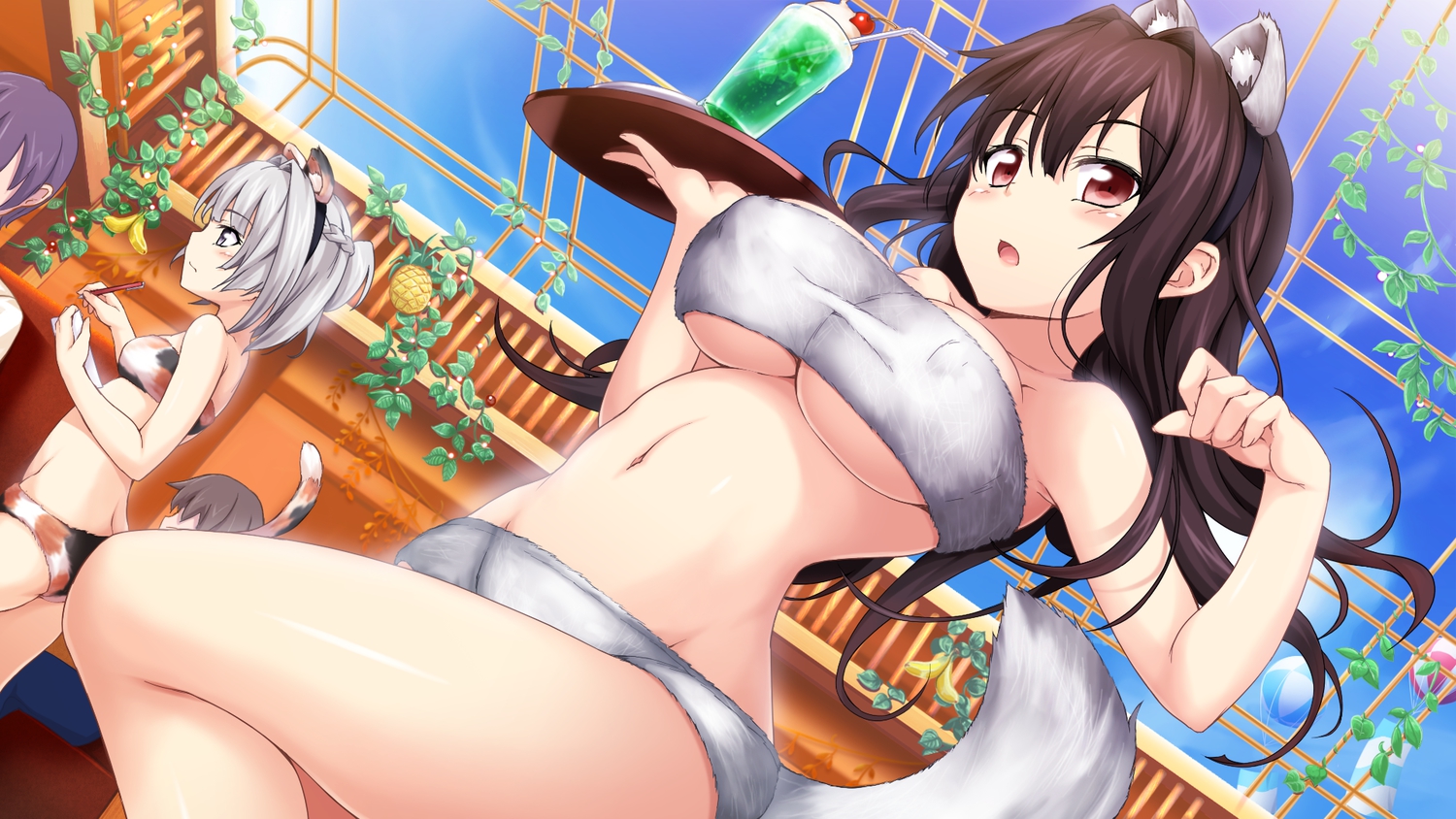 animal_ears, black_hair, breasts, erect_nipples, game_cg, ichinose_rukina, love_of_renai_koutei_of_love!, navel, oozora_itsuki, tail, underboob, waitress