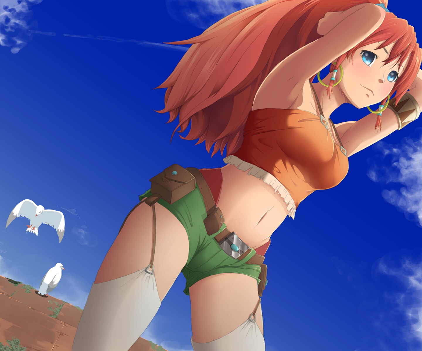 bellows_(suisei_no_gargantia), blue_eyes, ginsyu, navel, orange_hair, ponytail, stockings, suisei_no_gargantia