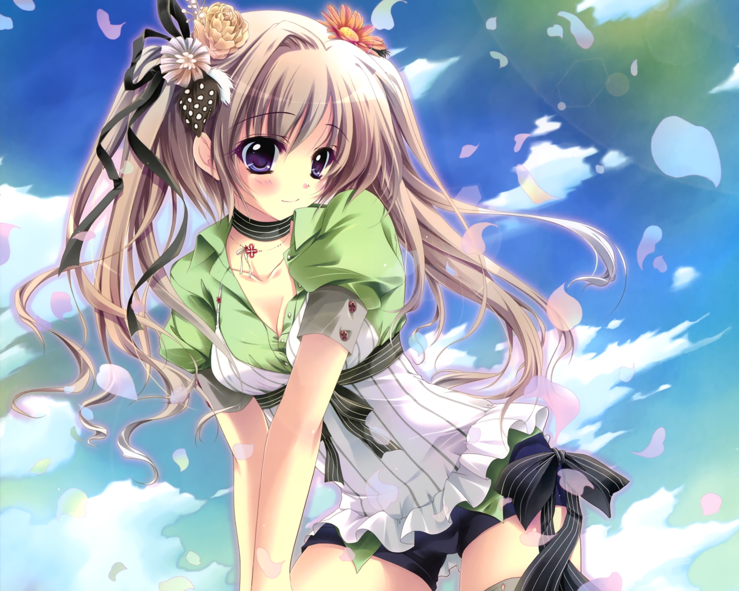 bike_shorts, flowers, hisuitei, izumi_tsubasu, long_hair, necklace, original, petals, shorts, thighhighs