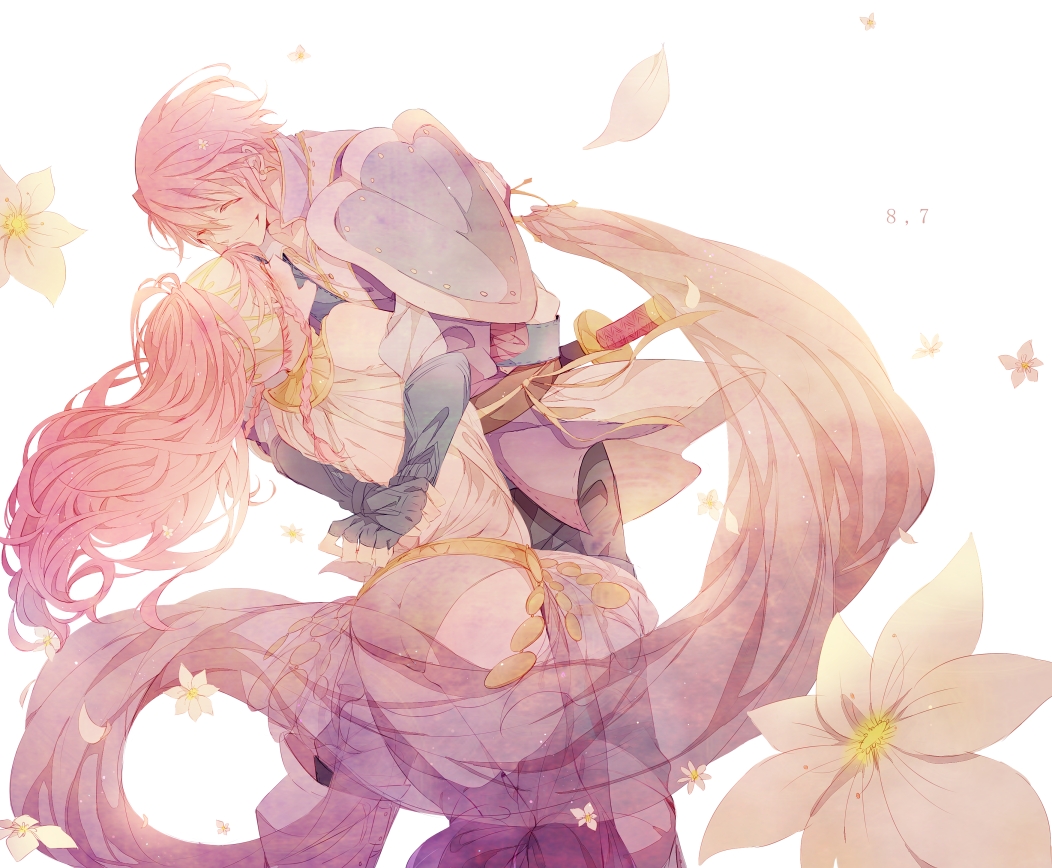 a082, armor, azur_(fire_emblem), fire_emblem, flowers, hug, olivia_(fire_emblem), petals