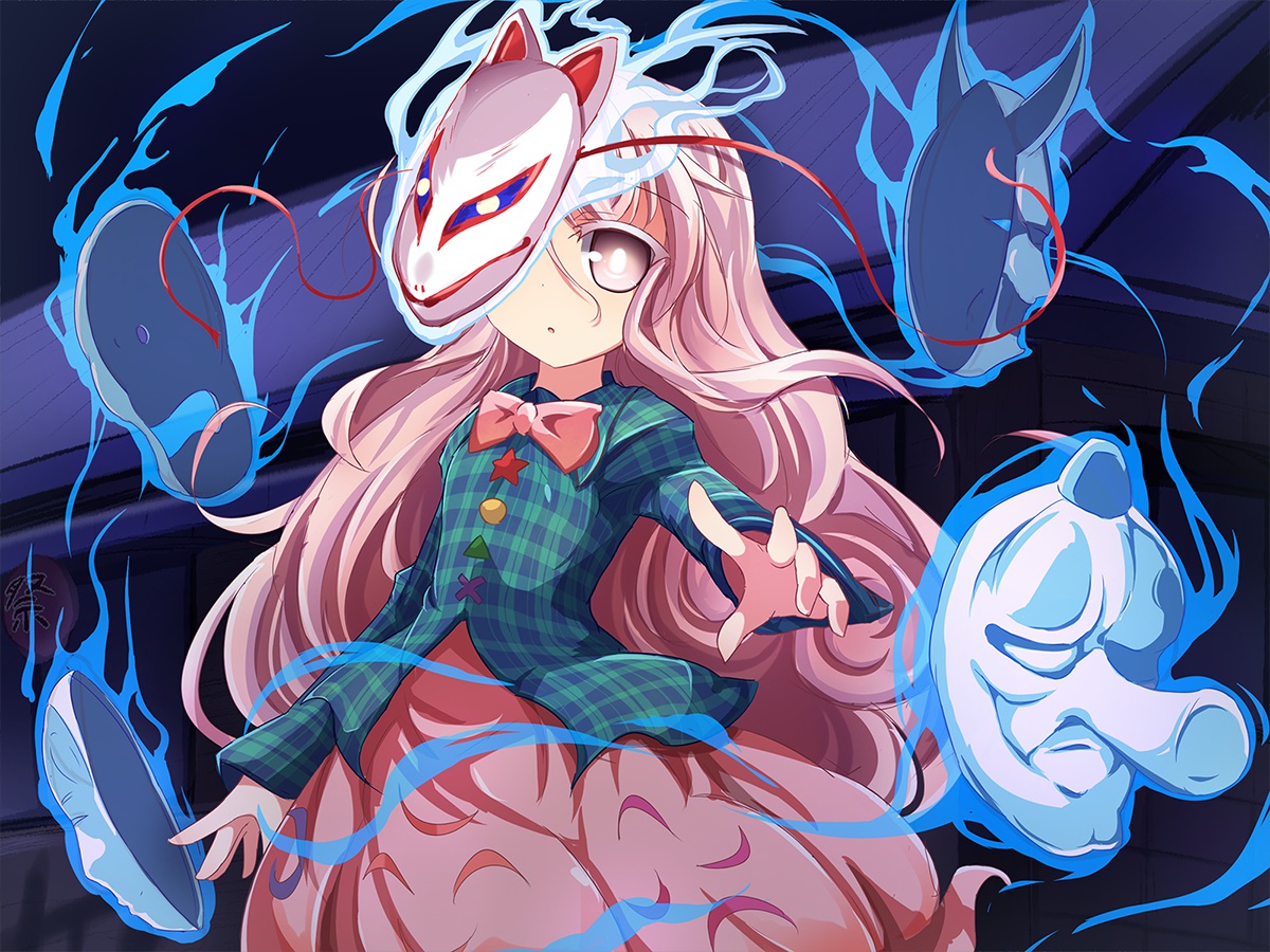 baku_ph, bow, hata_no_kokoro, long_hair, mask, pink_eyes, pink_hair, ribbons, skirt, touhou