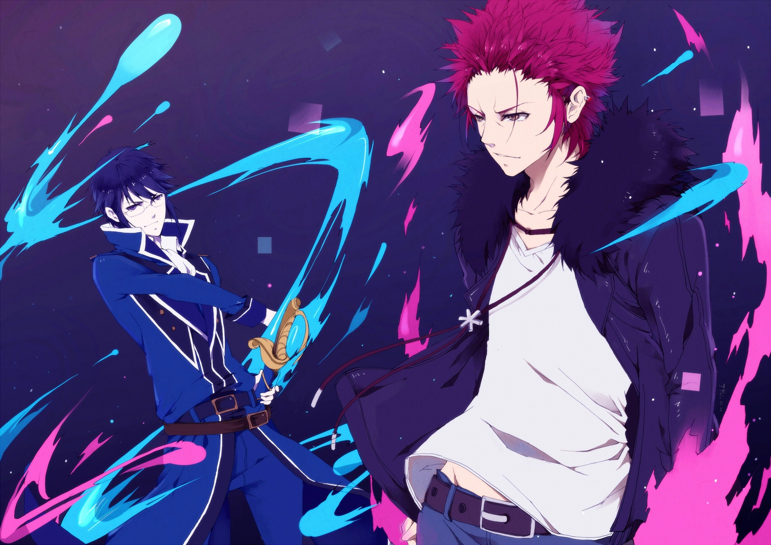 all_male, blue_eyes, blue_hair, brown_eyes, glasses, jyu, k_(anime), male, munakata_reishi, red_hair, suou_mikoto_(k), sword, weapon