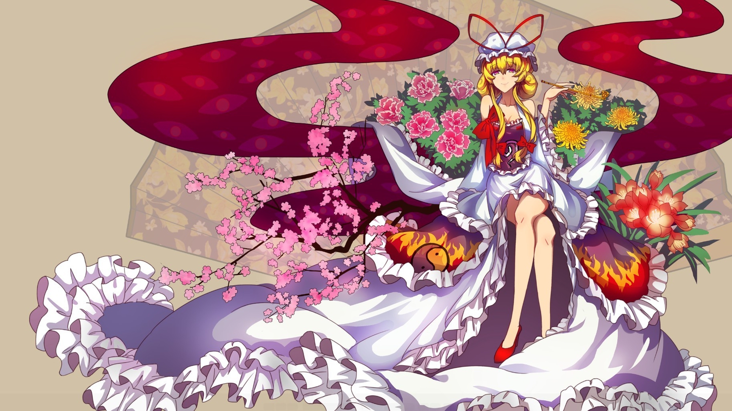 blonde_hair, flowers, qin, touhou, yakumo_yukari