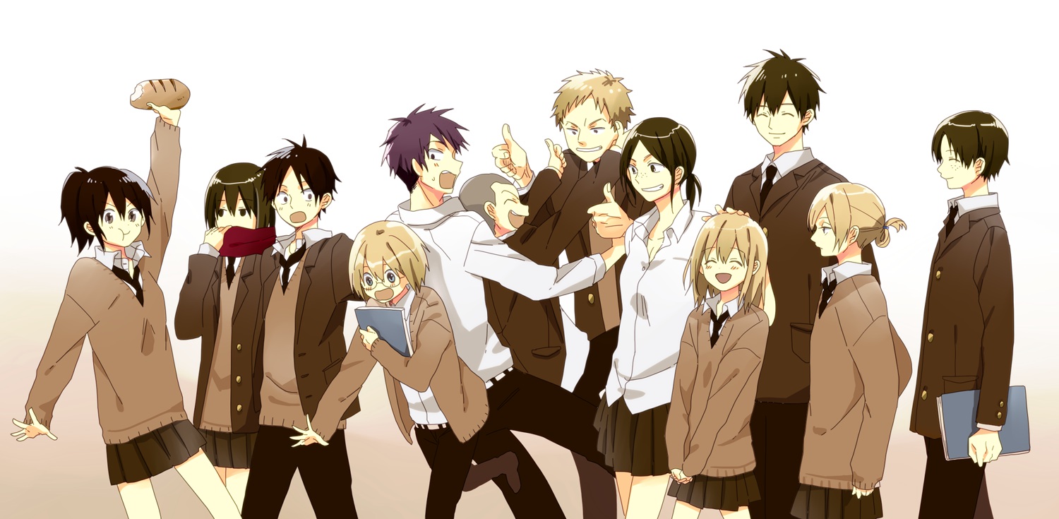 annie_leonhardt, armin_arlert, bertholt_fubar, book, christa_renz, conny_springer, eren_jaeger, glasses, jean_kirchstein, marco_bodt, mikasa_ackerman, reiner_braun, sasha_browse, school_uniform, shingeki_no_kyojin, yamada_(onigori105), ymir_(shingeki_no_kyojin)