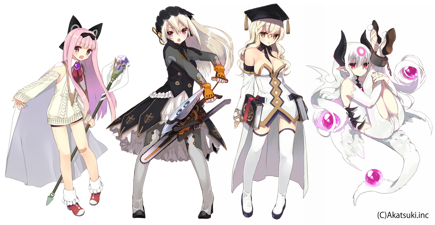 chainsaw, hat, horns, miyoshino, original, pointed_ears, staff, watermark