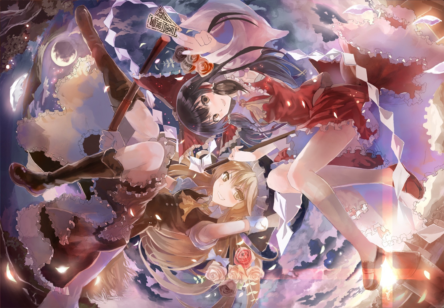 2girls, black_hair, blonde_hair, boots, bow, brown_eyes, dress, flowers
