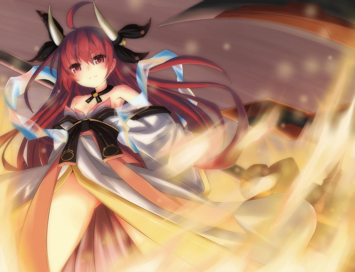chawa_(yossui009), date_a_live, horns, itsuka_kotori, japanese_clothes, kimono, long_hair, red_hair, weapon