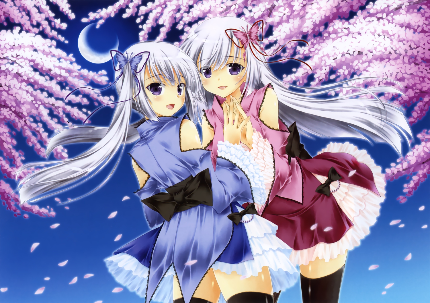 2girls, cherry_blossoms, flowers, gray_hair, japanese_clothes, lolita_fashion, long_hair, moon, original, petals, purple_eyes, sasahiro, thighhighs, twins