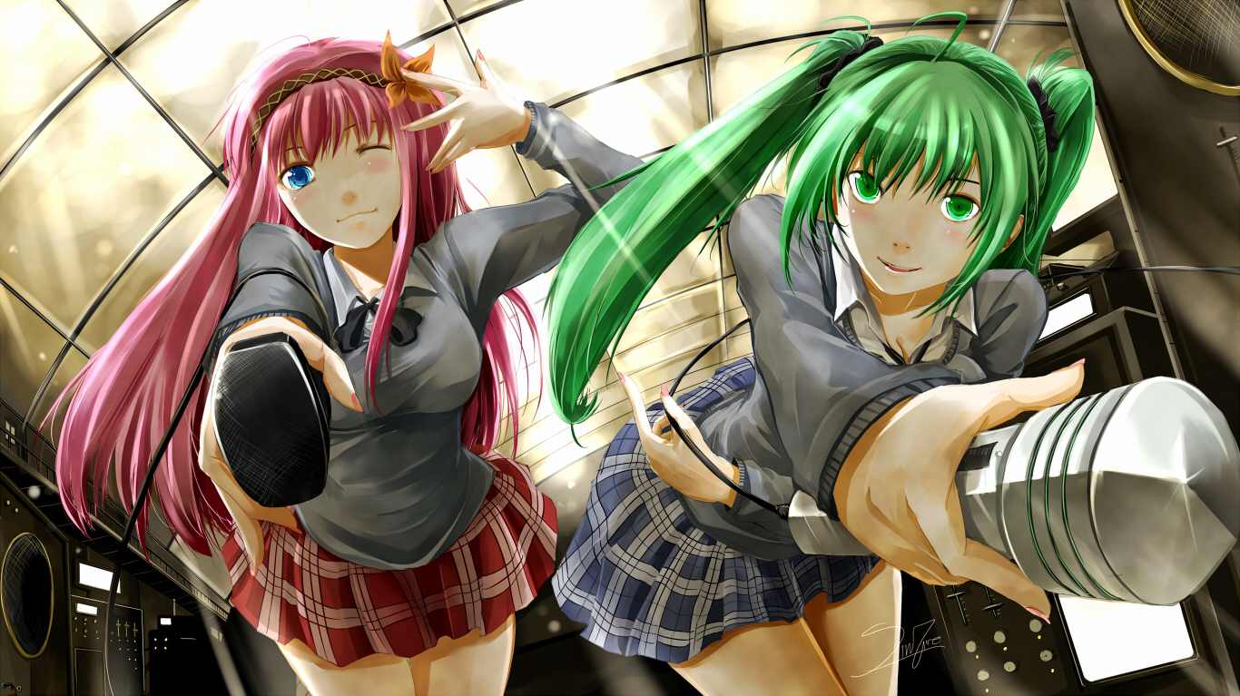 2girls, blue_eyes, green_eyes, green_hair, hatsune_miku, megurine_luka, microphone, pink_hair
