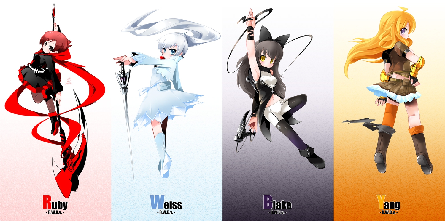 akihara_nakuru, black_hair, blake_belladonna, blonde_hair, bow, dress, red_hair, ruby_rose, rwby, scythe, skirt, sword, weapon, weiss_schnee, white_hair, yang_xiao_long