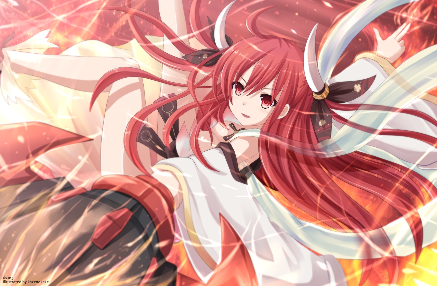 breasts, cleavage, date_a_live, itsuka_kotori, kazenokaze, long_hair, red_eyes, red_hair