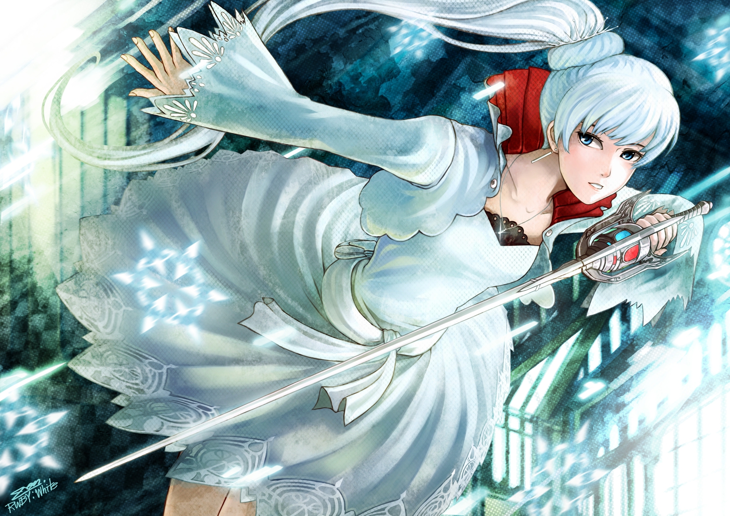 blue_eyes, dress, necklace, ponytail, rwby, signed, snow, sword, weapon, weiss_schnee, white_hair, zen_(jirakun)